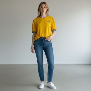 Karl Lagerfeld Paris T Shirt XL Yellow Patch Eiffel Tower Puff Sleeve Tee